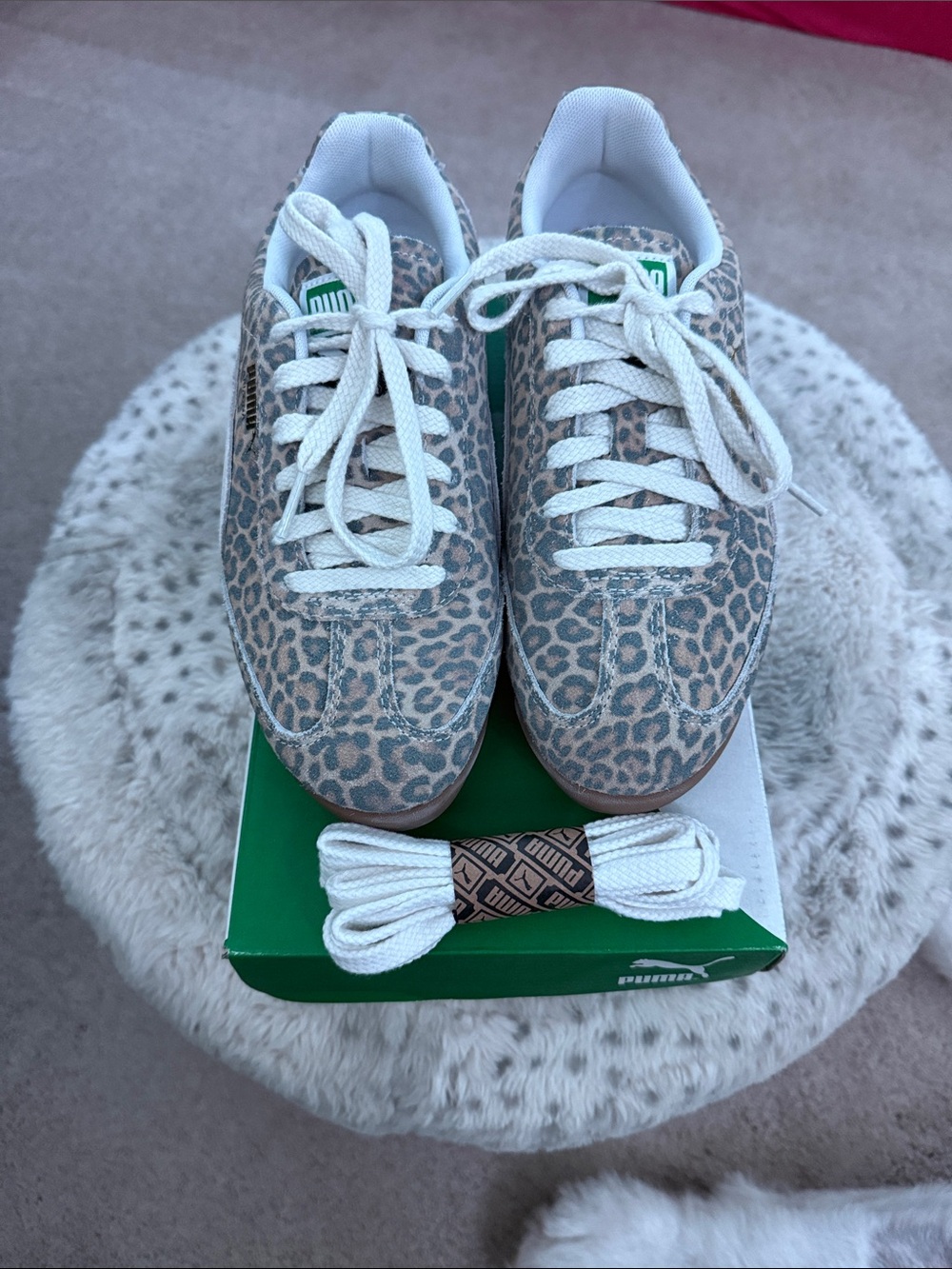 Puma Women’s Leopard Print Suede Sneakers in Beige and White NIB